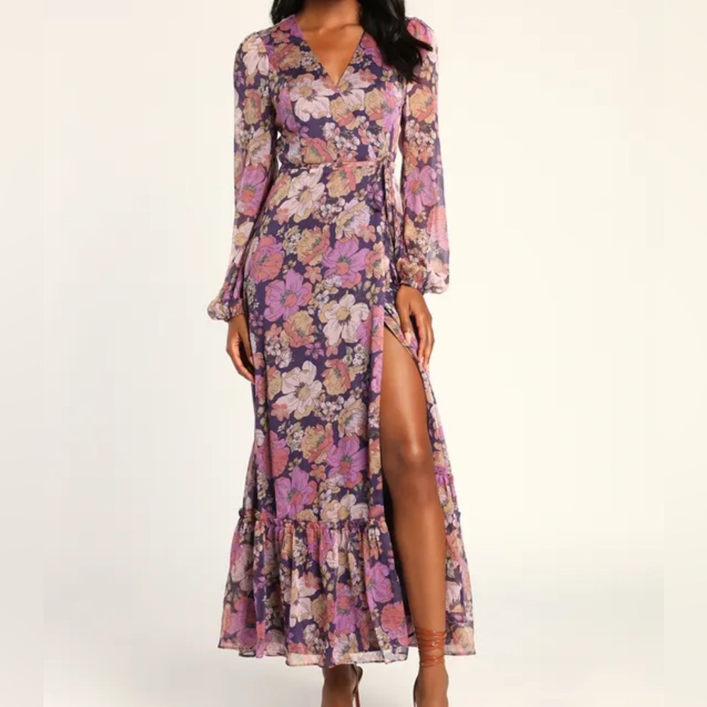 Lulus Feeling Sweet Purple Floral Print Long Sleeve Wrap Maxi Dress